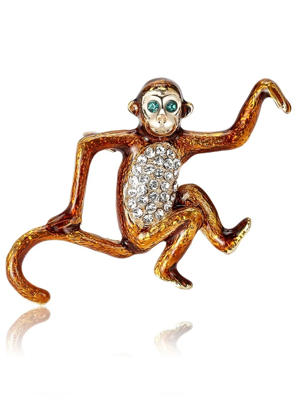 Rhinestone Monkey Brooch Pin Gold Tone Brown Enamel Green Eyes Statement Jewelry
